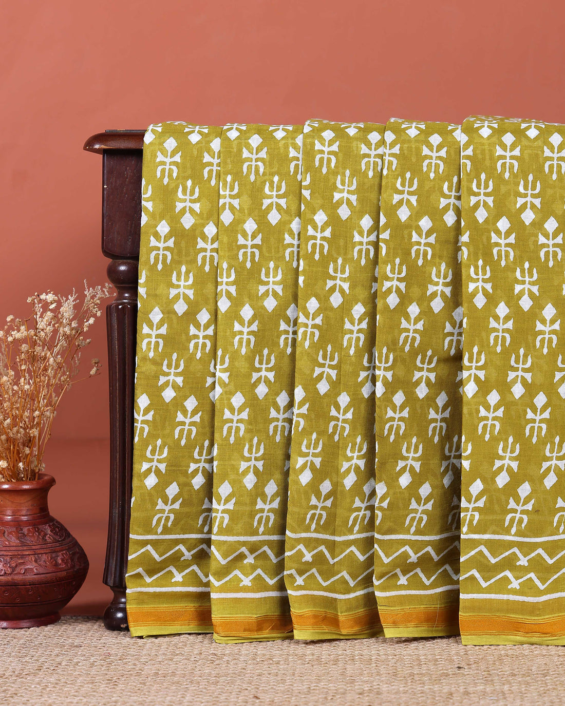 Traditional Hand Block Printed Mul Mul Cotton Saree with Traditional Motif - Green