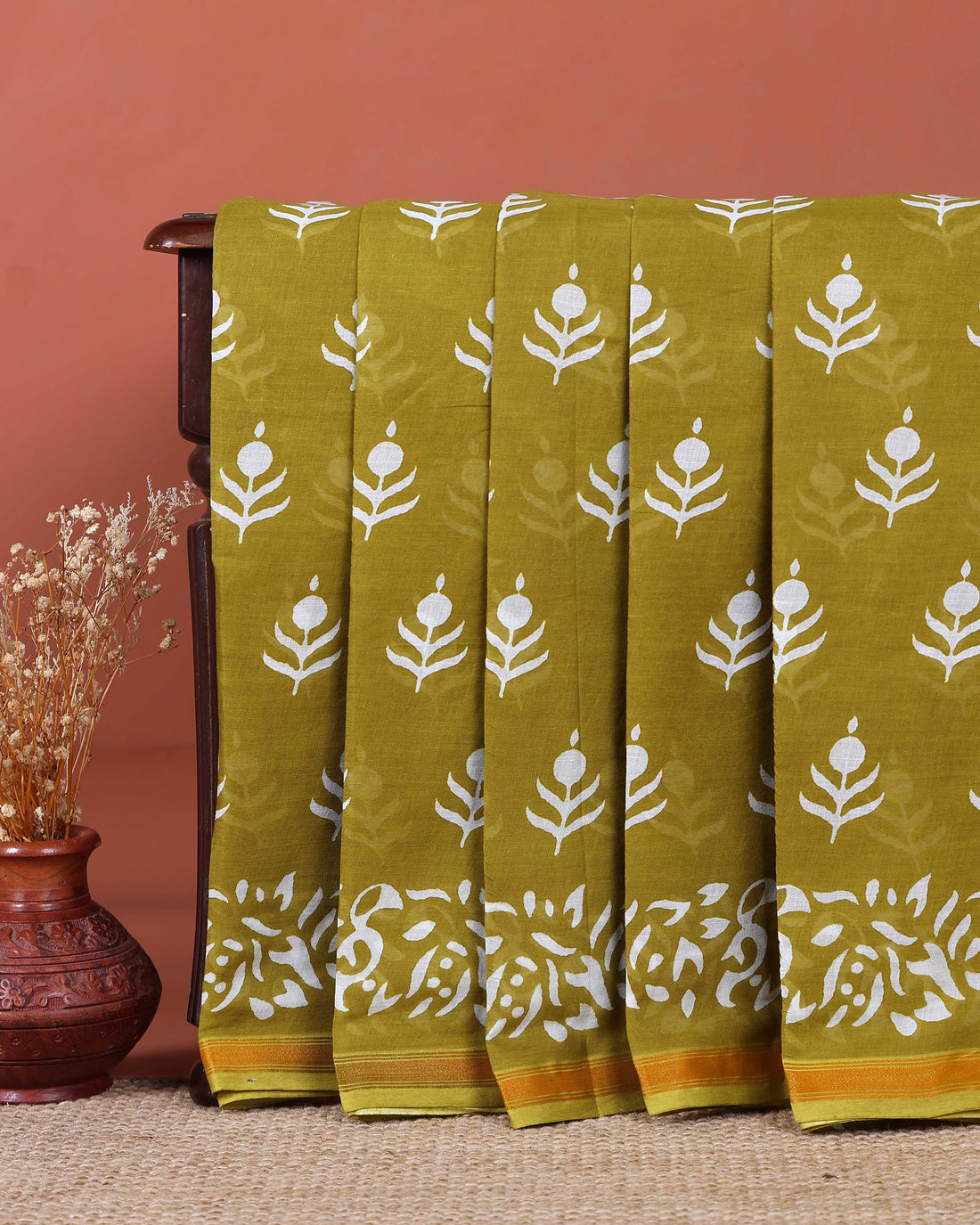 Traditional Hand Block Printed Mulmul Cotton Saree with Floral Motif - Green