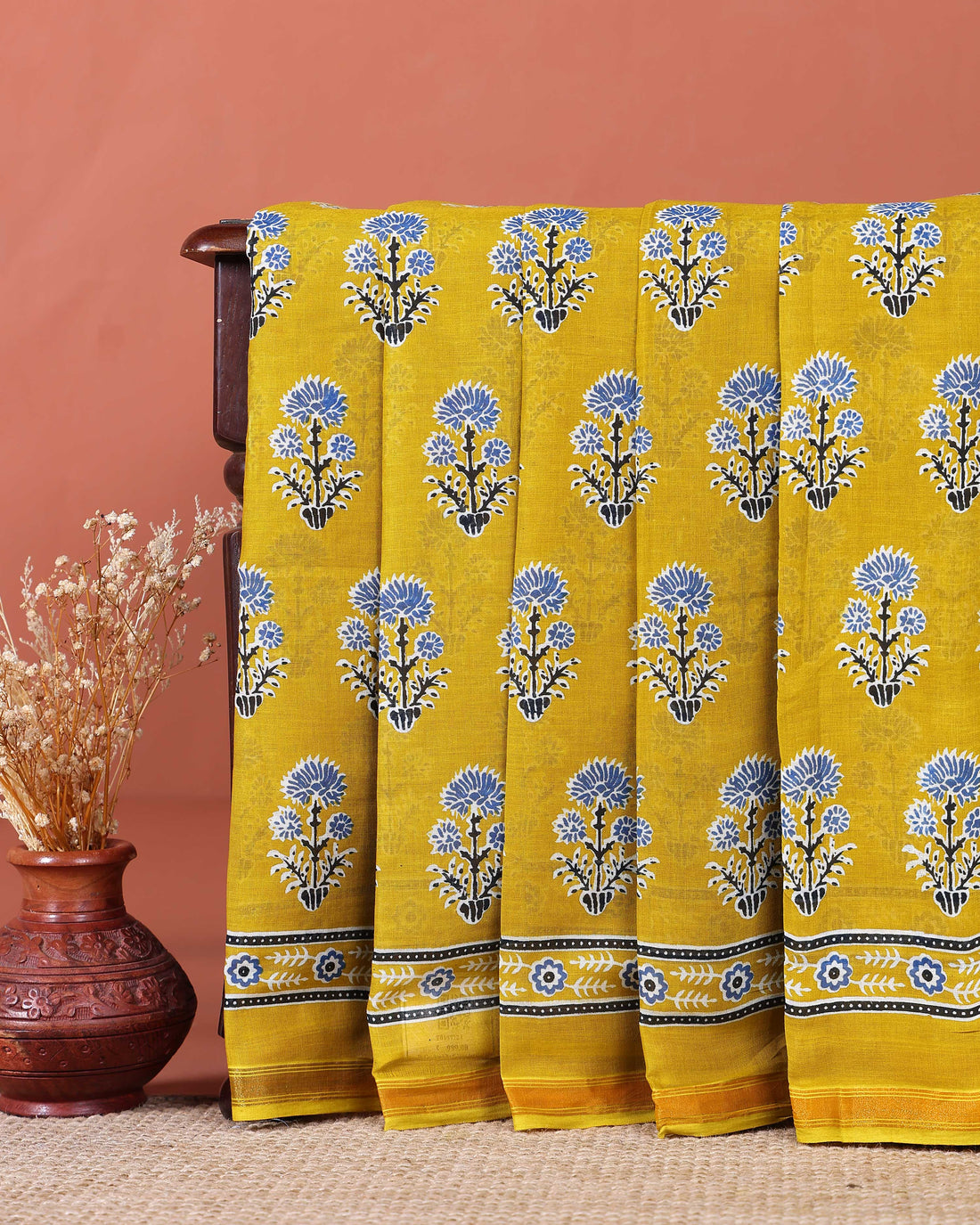 Traditional Hand Block Printed Mulmul Cotton Saree with Floral Motif - Yellow
