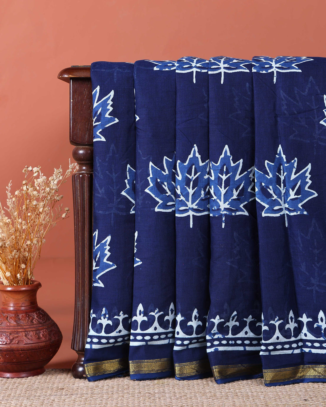 Traditional Hand Block Printed Mulmul Cotton Saree with Leaf Motif - Navy Blue