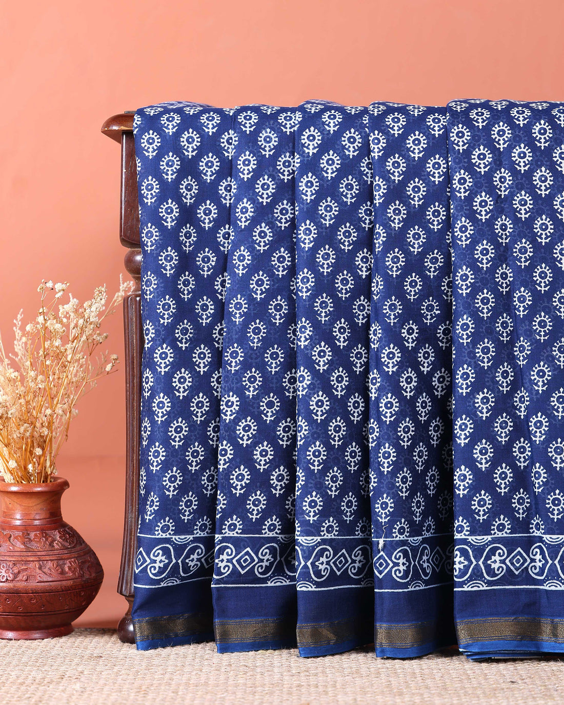 Traditional Hand Block Printed Mulmul Cotton Saree with Traditional Motifs - Blue