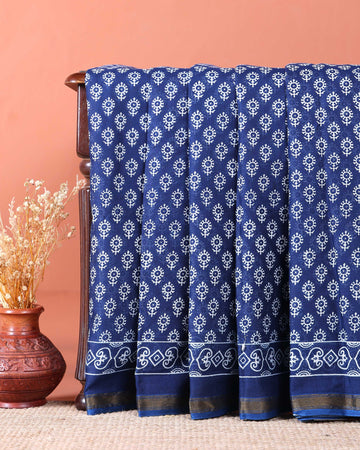 Traditional Hand Block Printed Mulmul Cotton Saree with Traditional Motifs - Blue