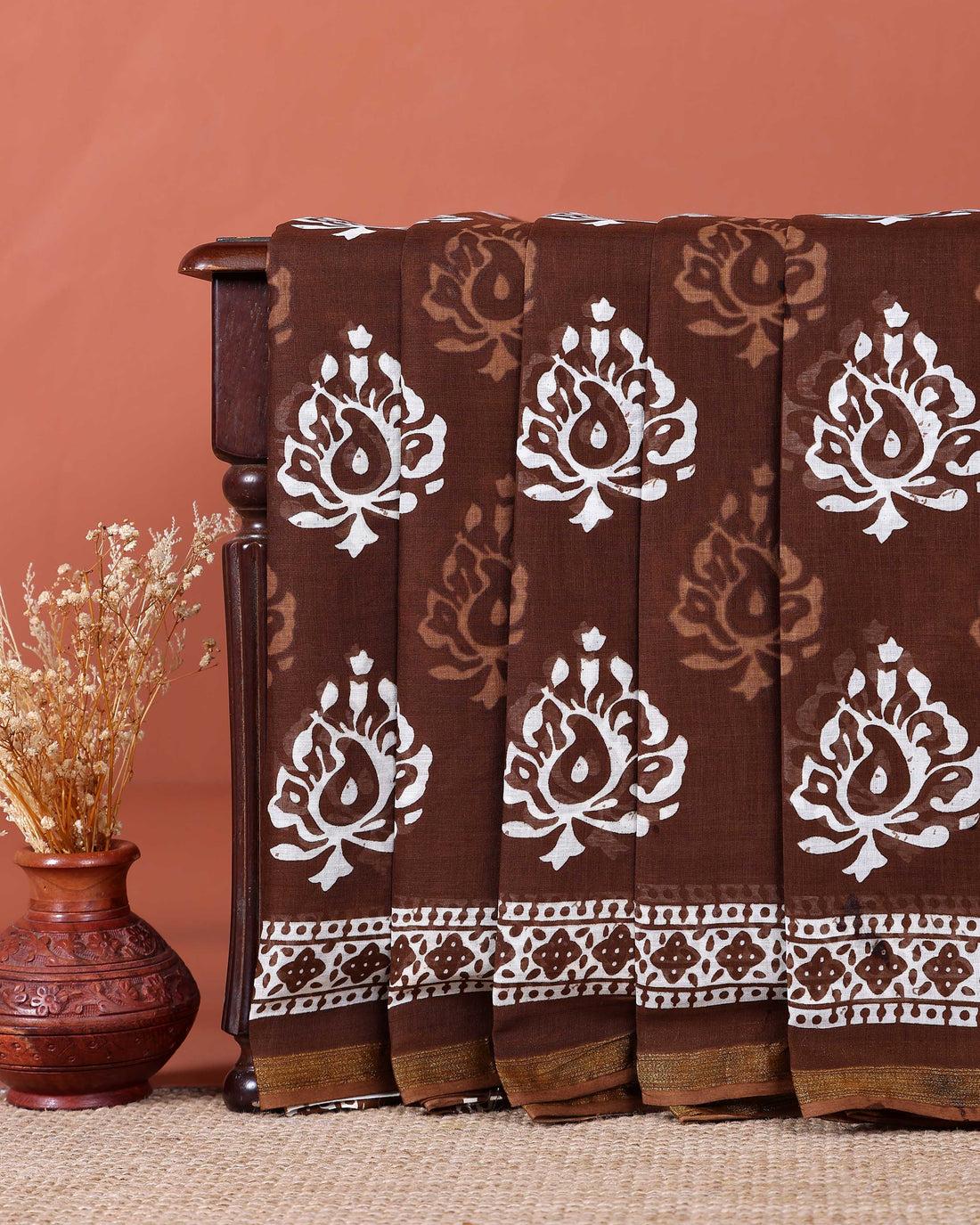 Traditional Handcrafted Mulmul Cotton Saree with Traditional Block Print and Border - Brown