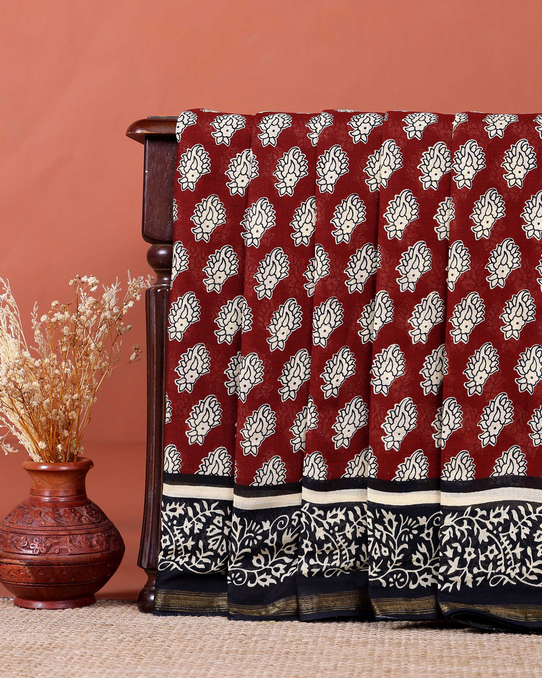 Traditional Handcrafted Mulmul Saree with Intricate Block Print Designs - Maroon