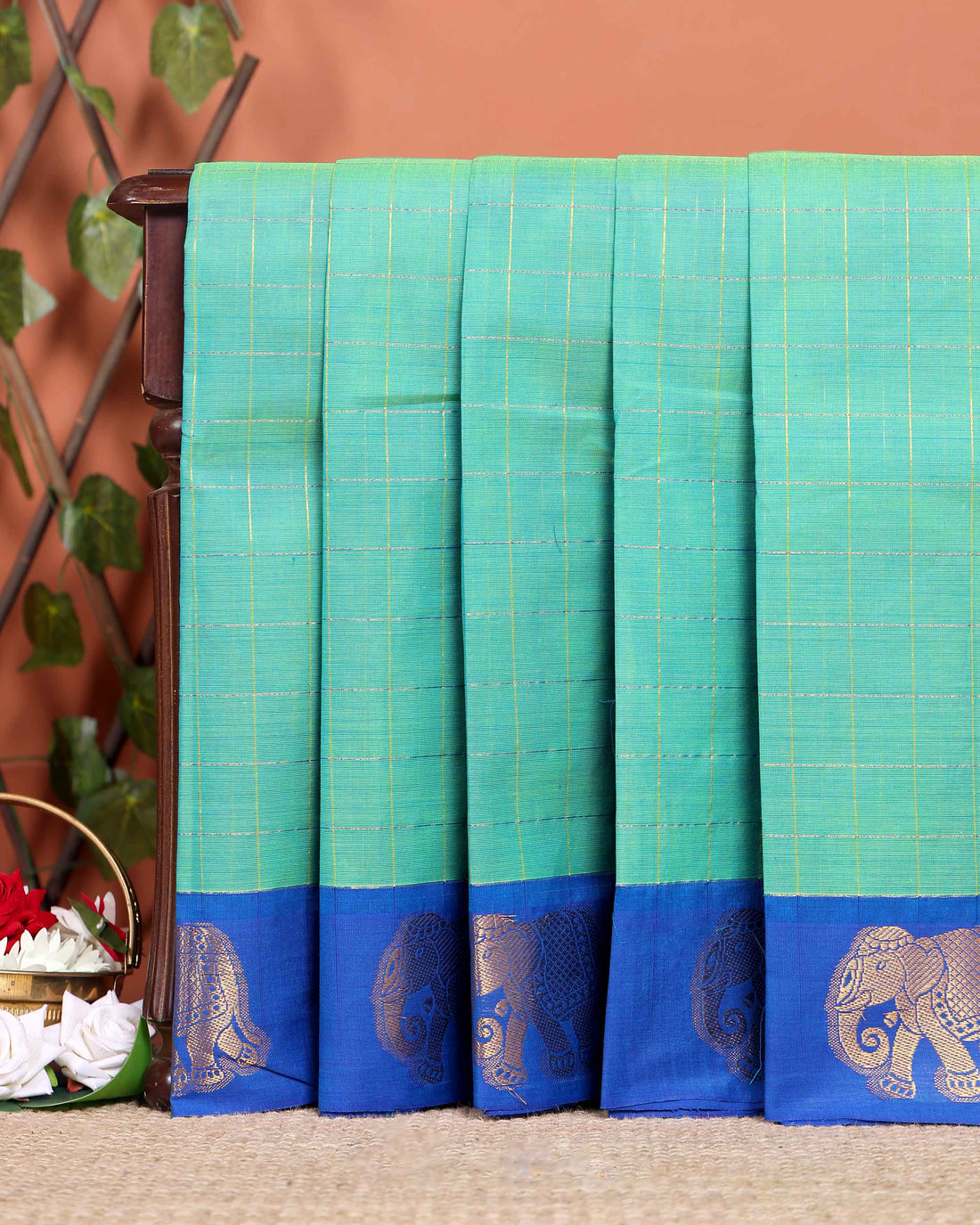 Traditional Handloom Chettinad Cotton Saree with Checked and Elephant Border - Green