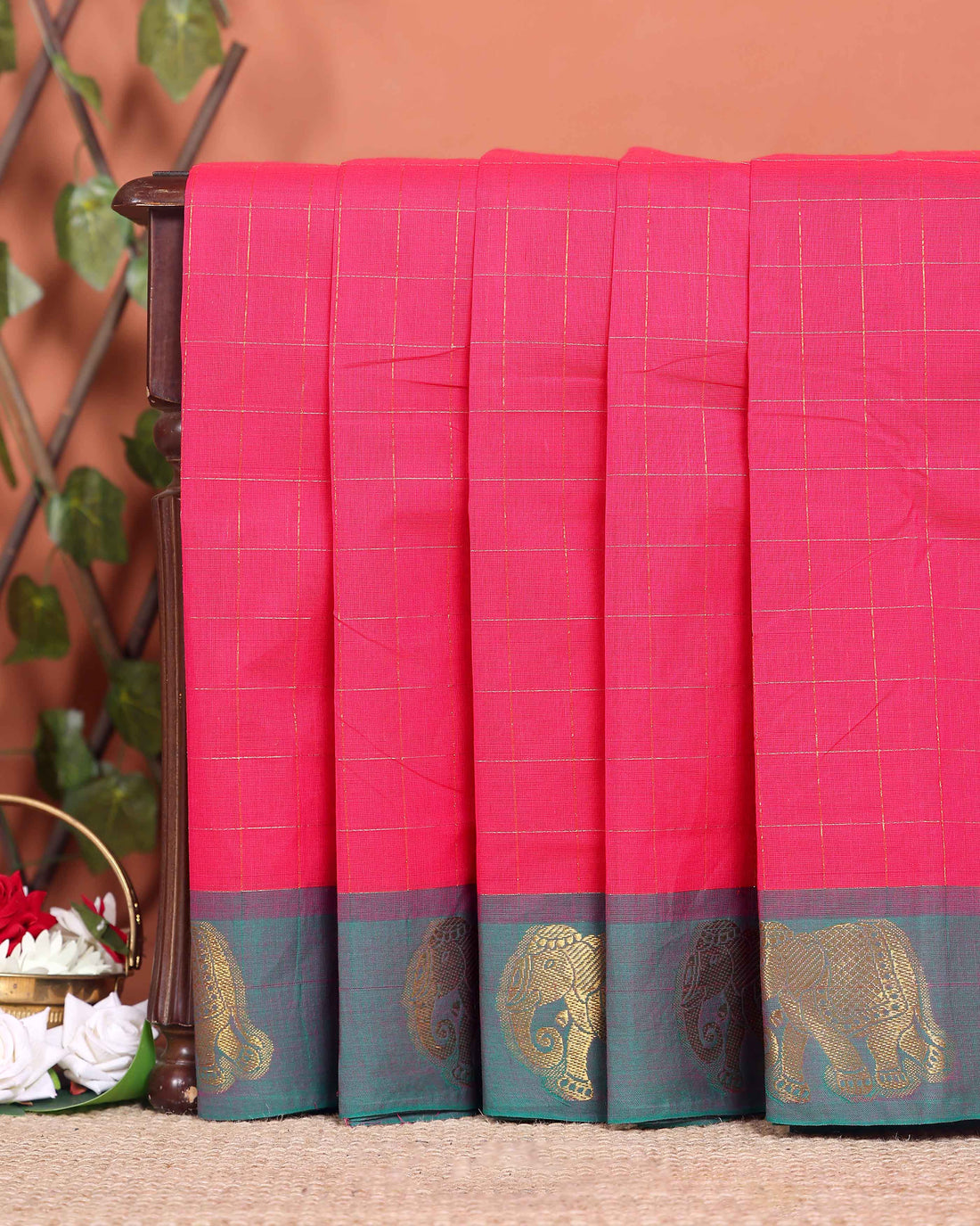 Traditional Handloom Chettinad Cotton Saree with Checked and Elephant Border - Pink