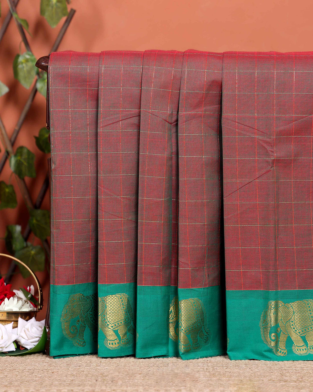Traditional Handloom Chettinad Cotton Saree with Checks and Elephant Border - Brown