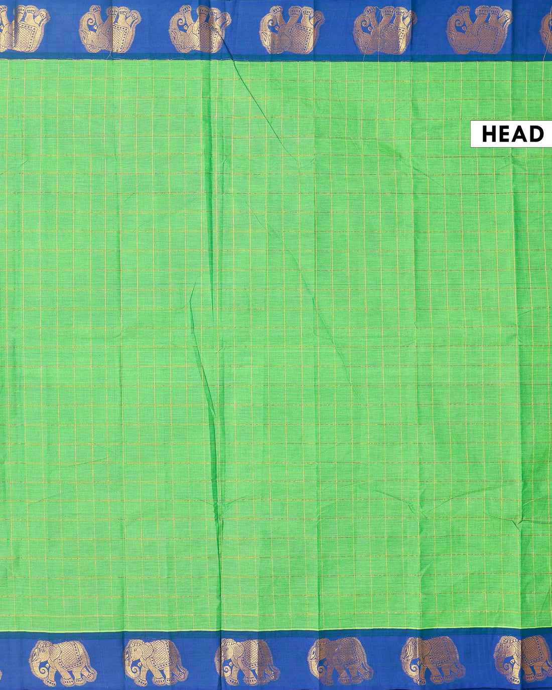 Traditional Handloom Chettinad Cotton Saree with Checks and Elephant Border - Green