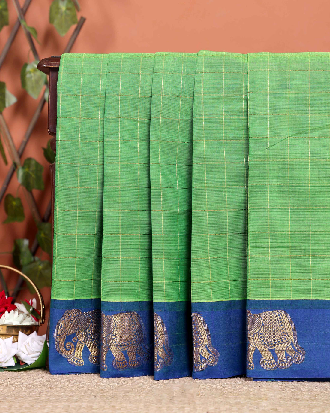Traditional Handloom Chettinad Cotton Saree with Checks and Elephant Border - Green