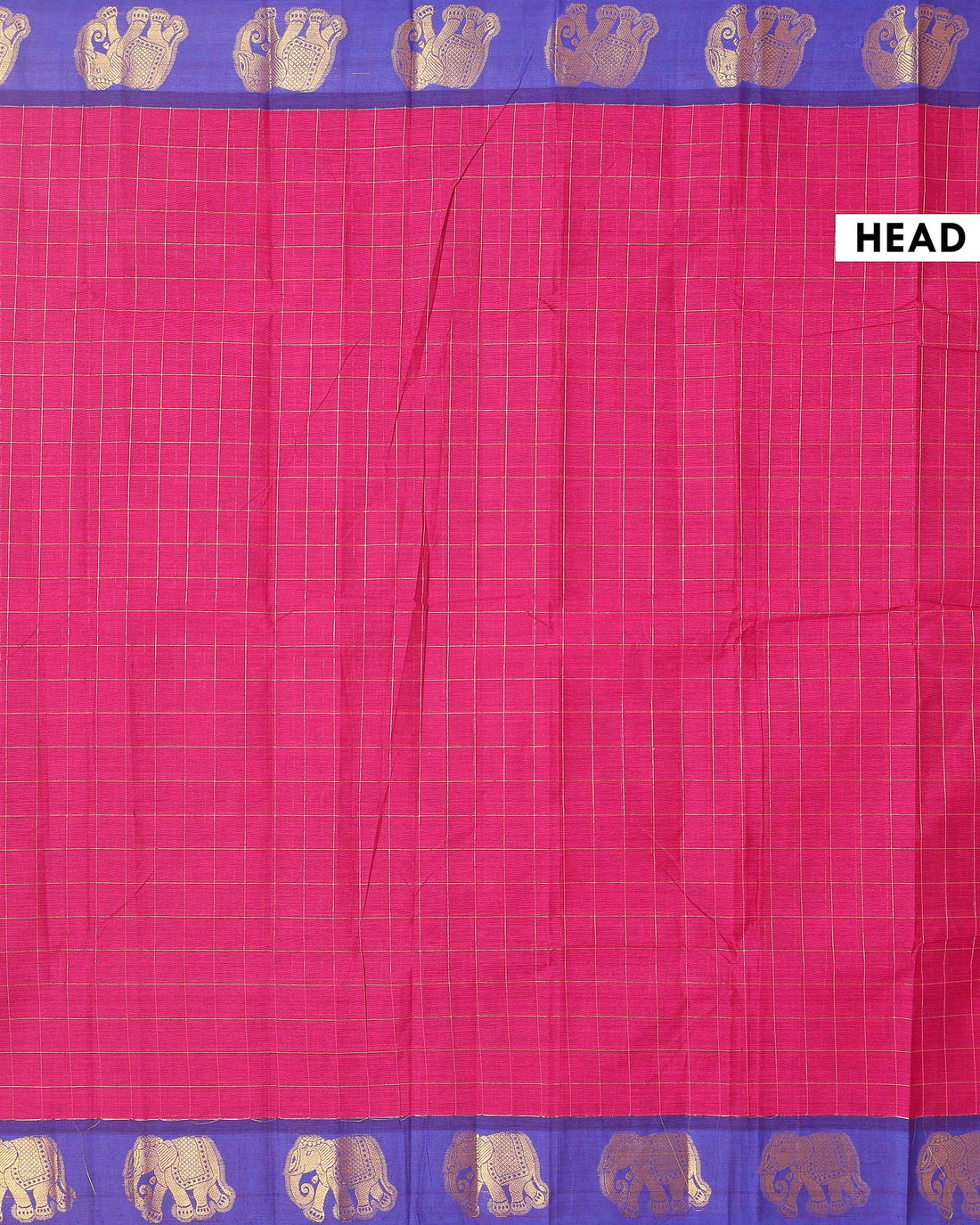 Traditional Handloom Chettinad Cotton Saree with Checks and Elephant Border - Pink