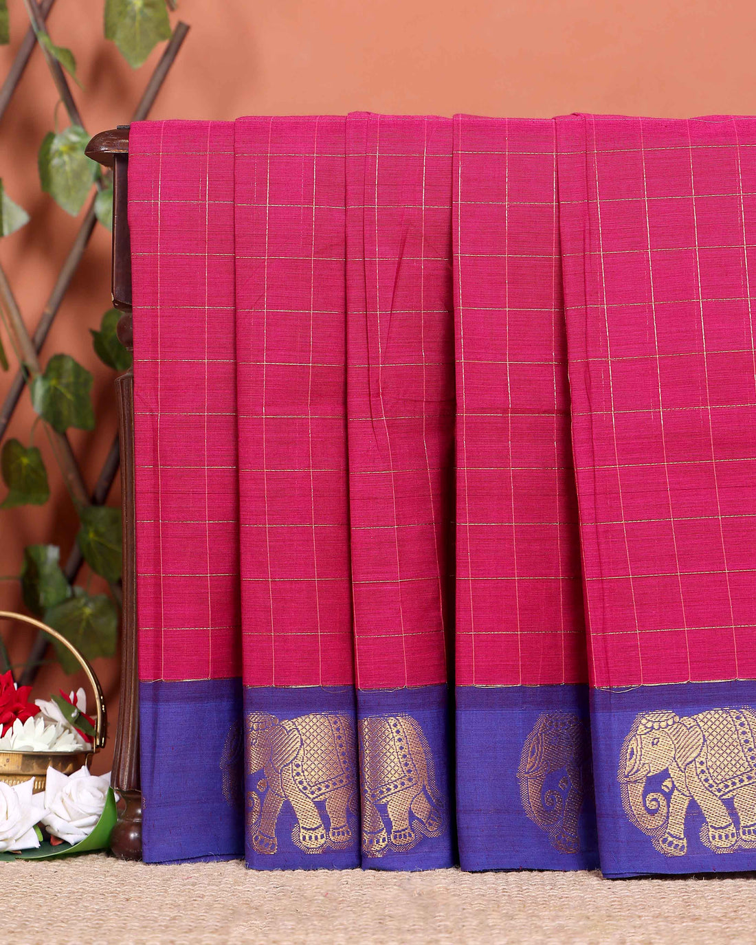 Traditional Handloom Chettinad Cotton Saree with Checks and Elephant Border - Pink