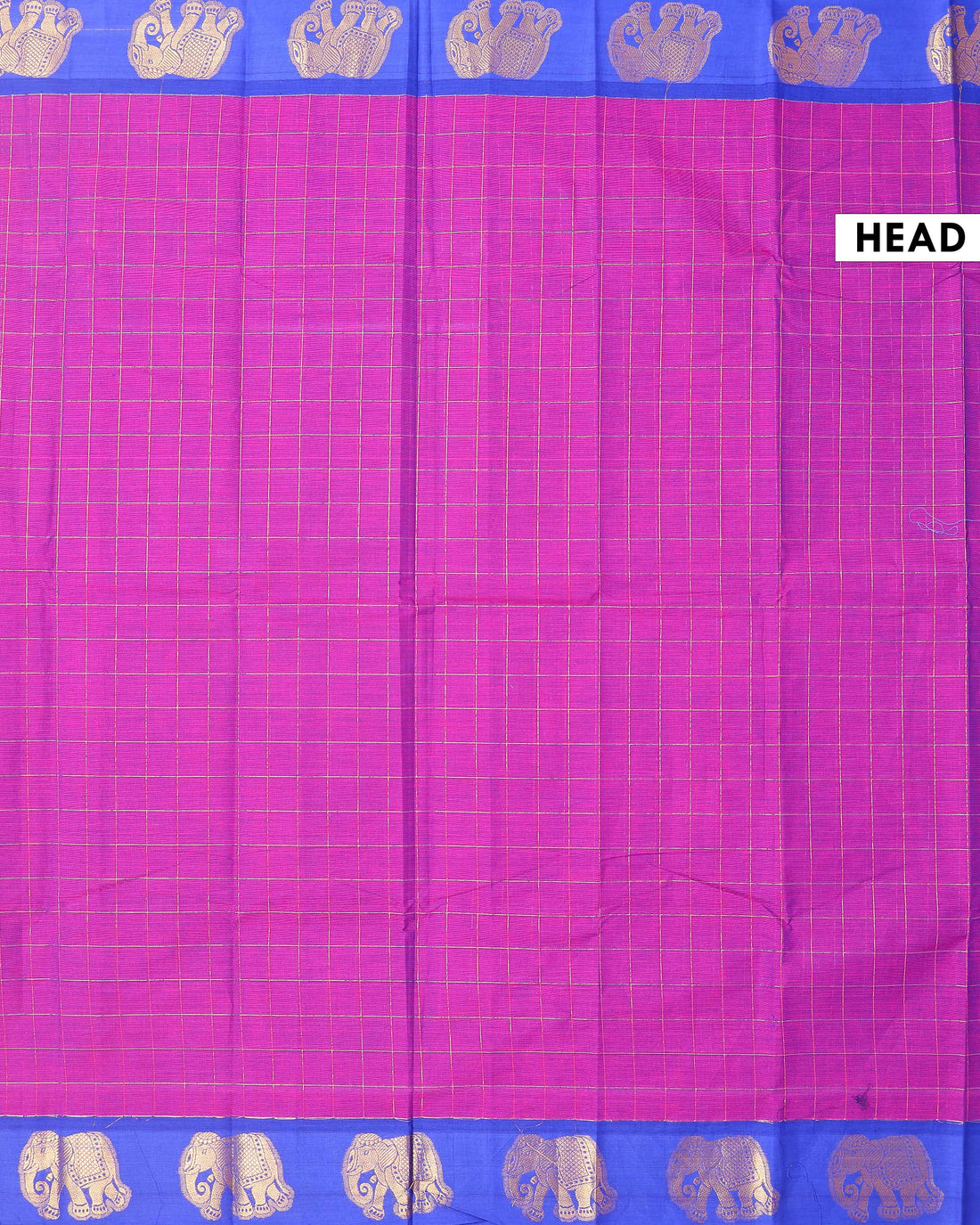 Traditional Handloom Chettinad Cotton Saree with Checks and Elephant Border - Purple