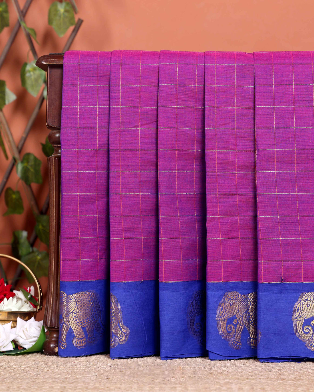 Traditional Handloom Chettinad Cotton Saree with Checks and Elephant Border - Purple
