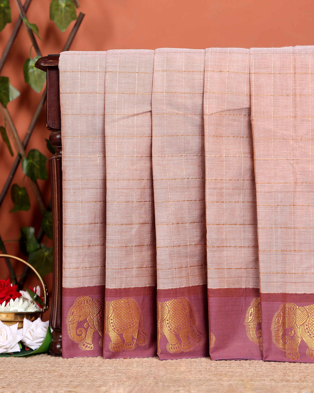 Traditional Handloom Chettinad Cotton Saree with Checks and Elephant Border - Sandal