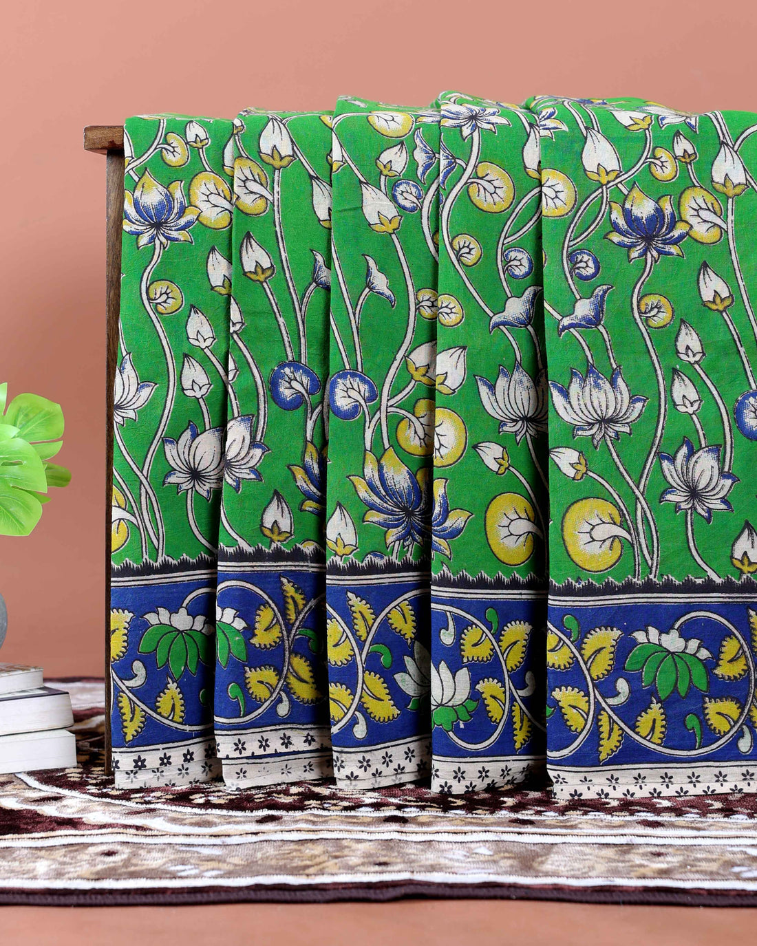 Traditional Handloom Kalamkari Cotton Saree with Floral and Avian Motifs - Green