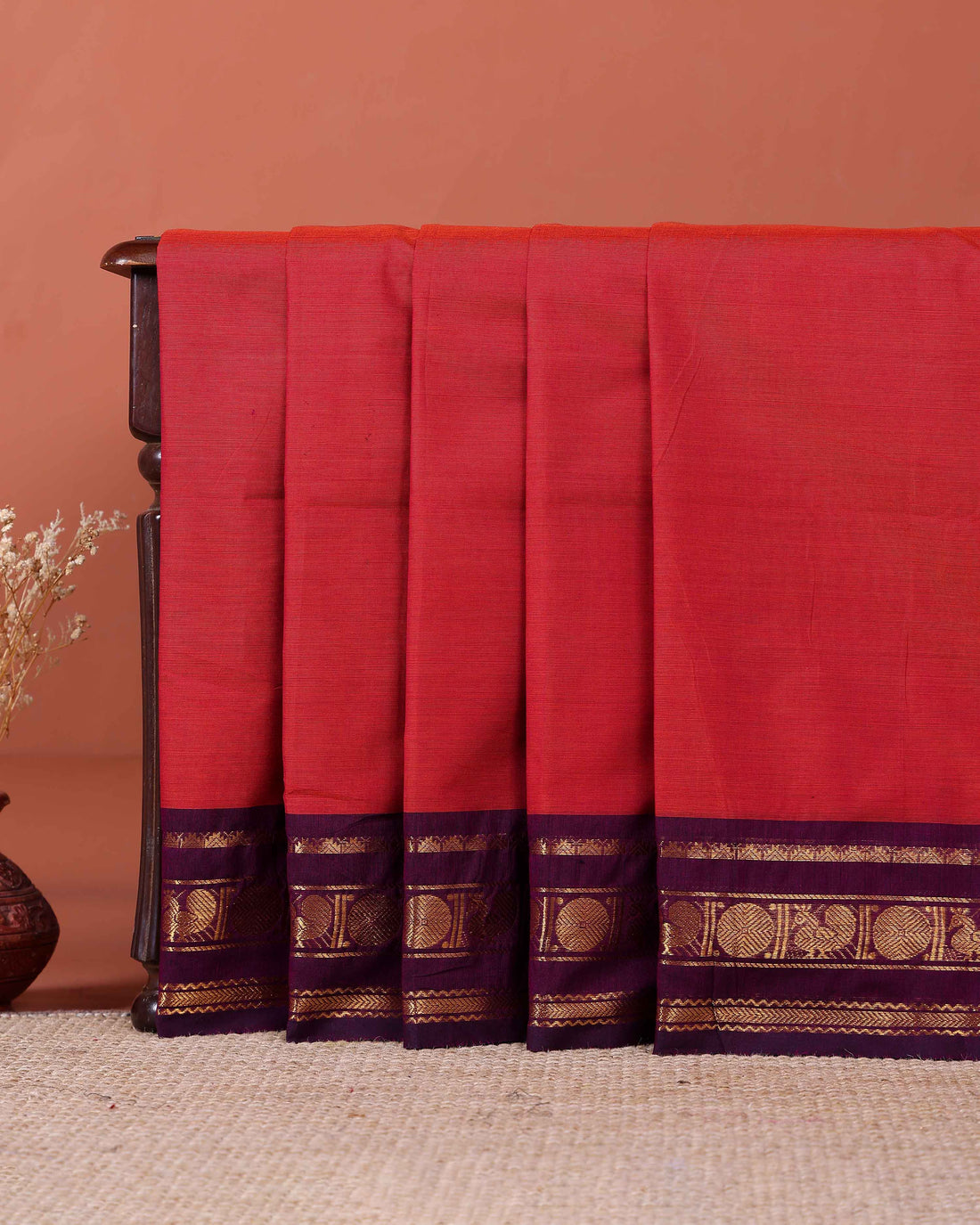 Traditional Handloom Kanchi Cotton Saree with Striped Body and Temple Border - Red