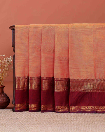 Traditional Handloom Kanchi Cotton Saree with Traditional Zari Border - Orange