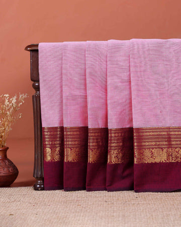 Traditional Handloom Kanchi Cotton Saree with Traditional Zari Border - Pink