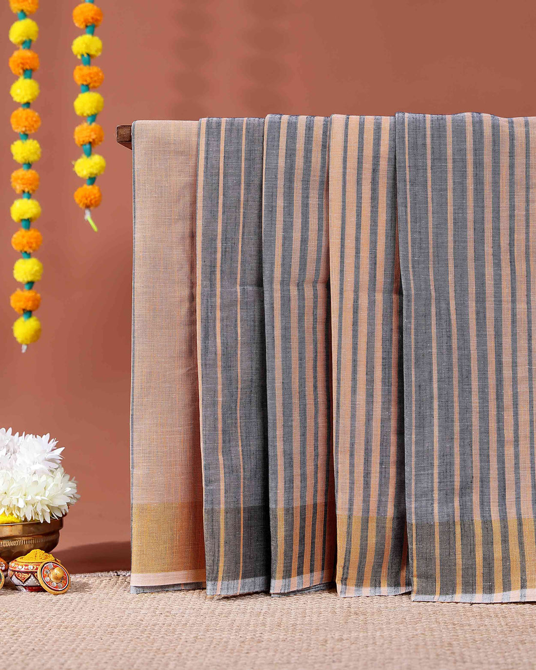 Traditional Handloom Kovai Cotton Saree with Vertical Stripes - Orange