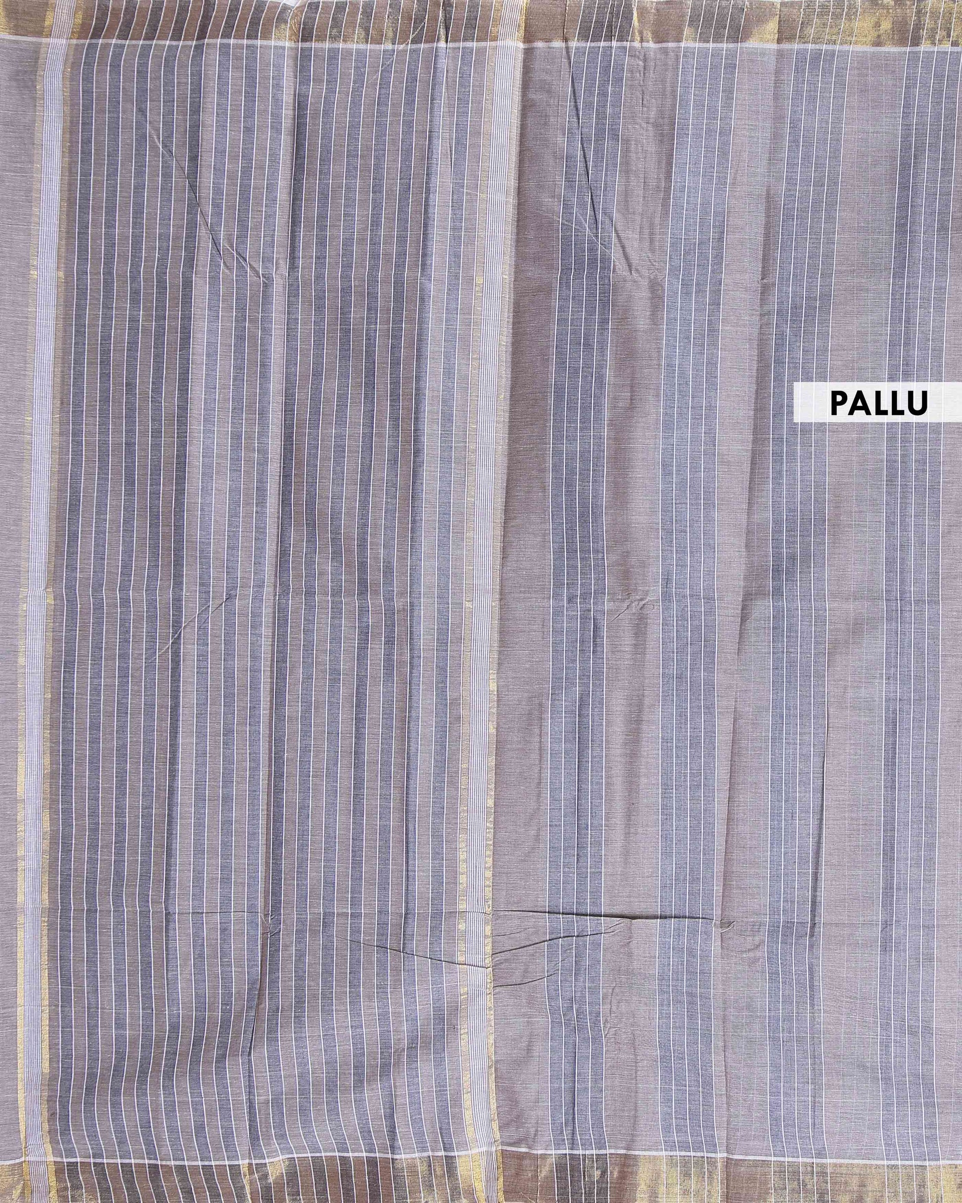 Traditional Handloom Kovai Cotton Saree with Woven Stripes and Zari Border - Grey