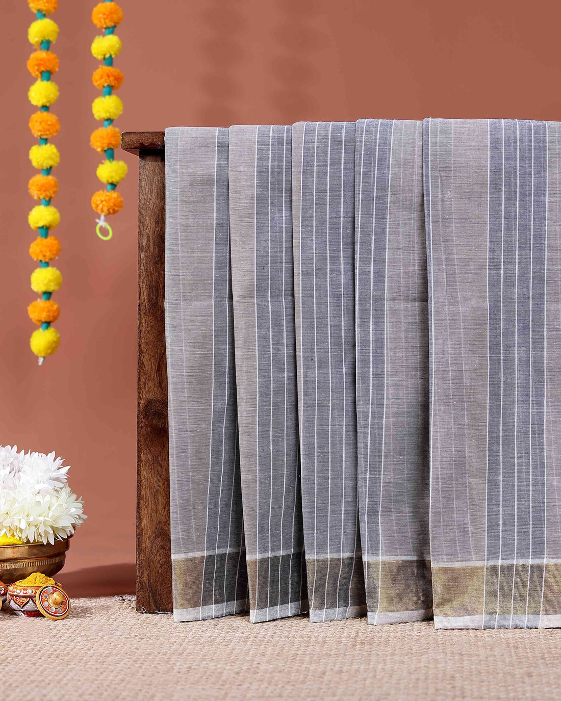 Traditional Handloom Kovai Cotton Saree with Woven Stripes and Zari Border - Grey