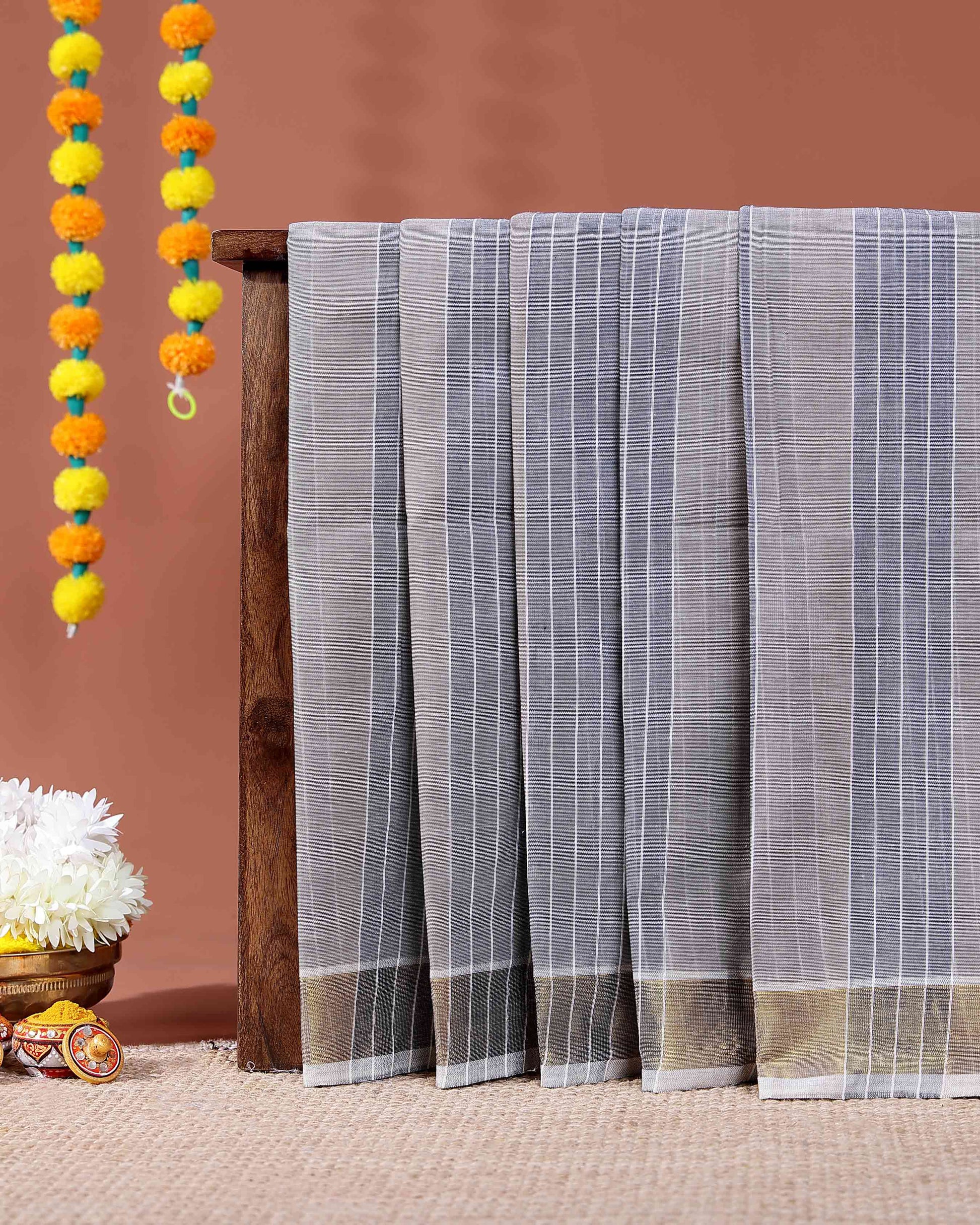 Traditional Handloom Kovai Cotton Saree with Woven Stripes and Zari Border - Grey