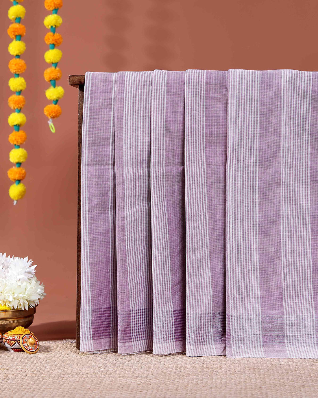 Traditional Handloom Kovai Cotton Saree with Woven Stripes and Zari Border - Purple