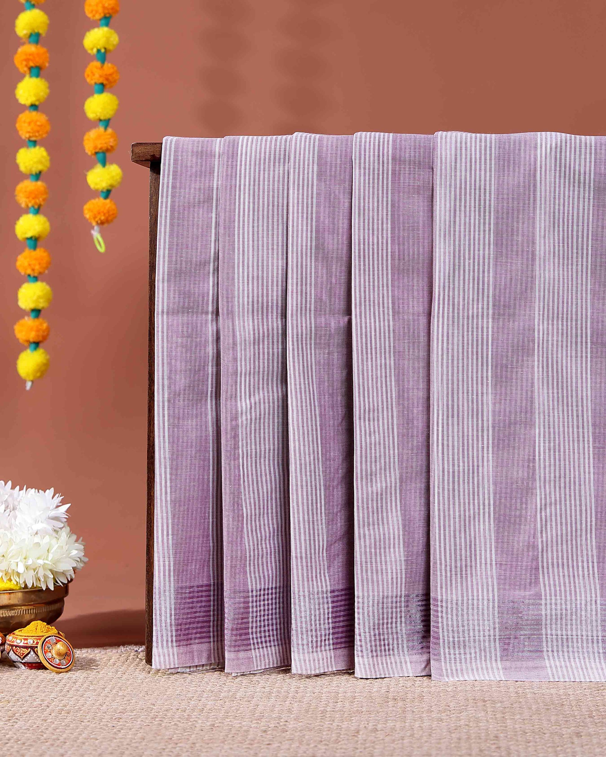 Traditional Handloom Kovai Cotton Saree with Woven Stripes and Zari Border - Purple