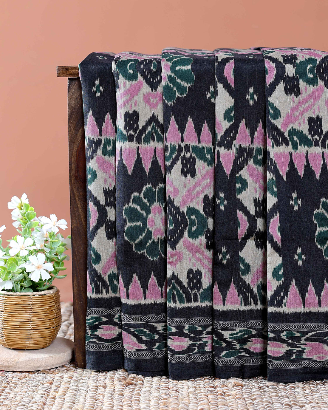 Traditional Handloom Pochampally Ikkat Saree with Geometric and Floral Motifs - Multi