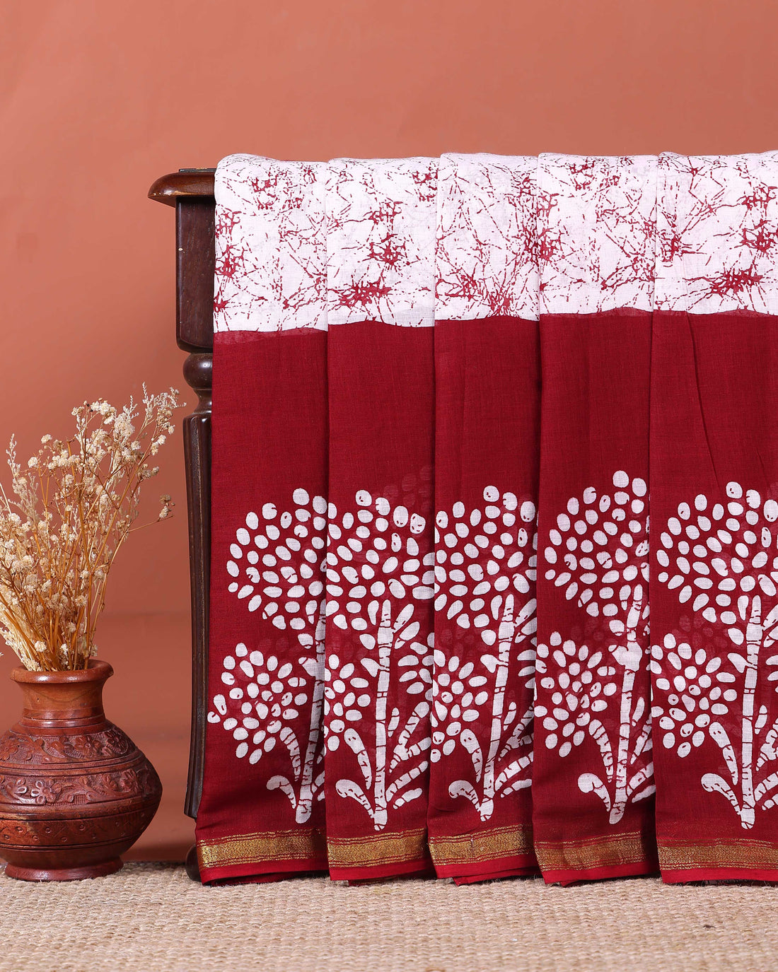 Traditional Handloom Saree with All-Over Batik Prints - White
