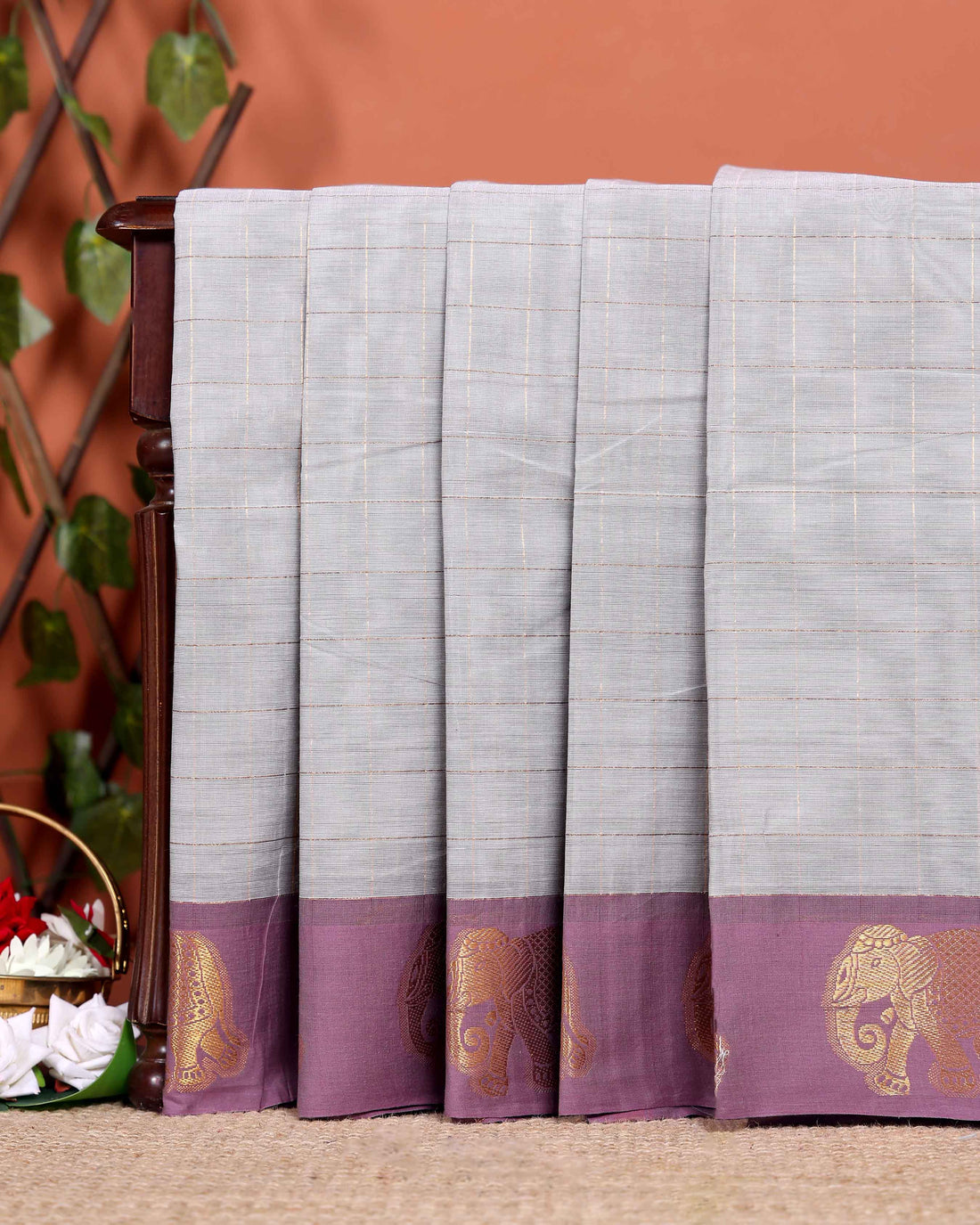 Traditional Handwoven Chettinad Cotton Saree with Traditional Elephant Motif Border - Grey