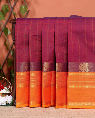 Traditional Handwoven Chettinad Cotton Saree with Traditional Zari Border - Maroon