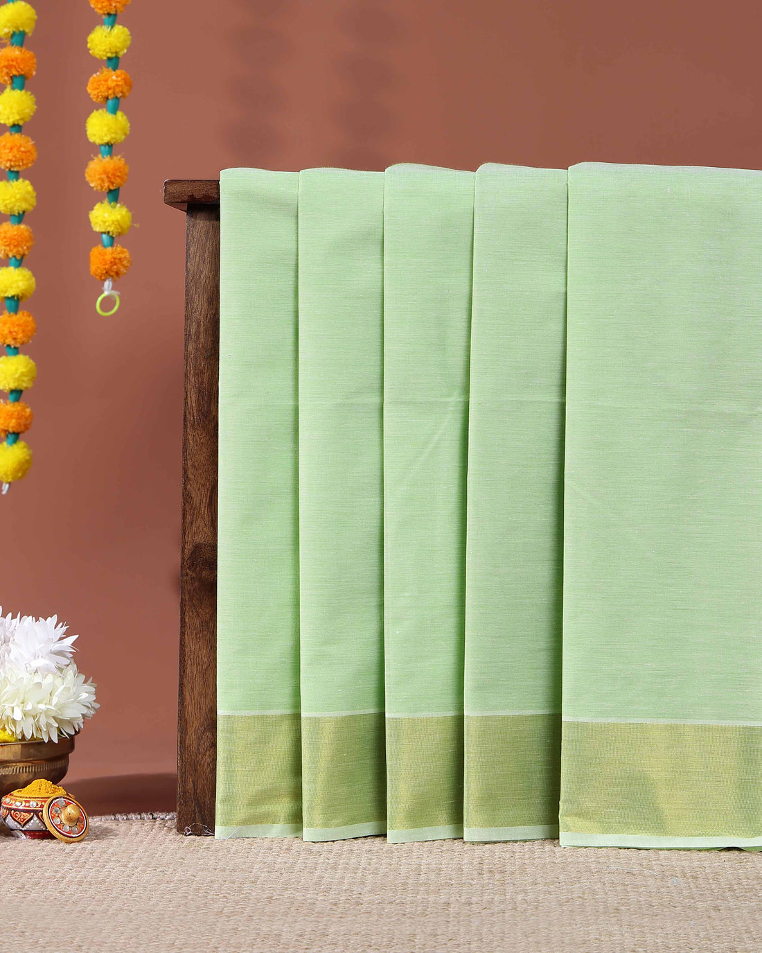 Traditional Handwoven Kovai Cotton Saree with Striped Pattern and Gold Zari Border - Green