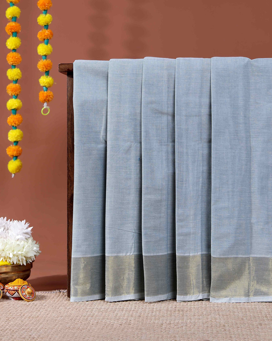 Traditional Handwoven Kovai Cotton Saree with Striped Pattern and Gold Zari Border - Light Grey