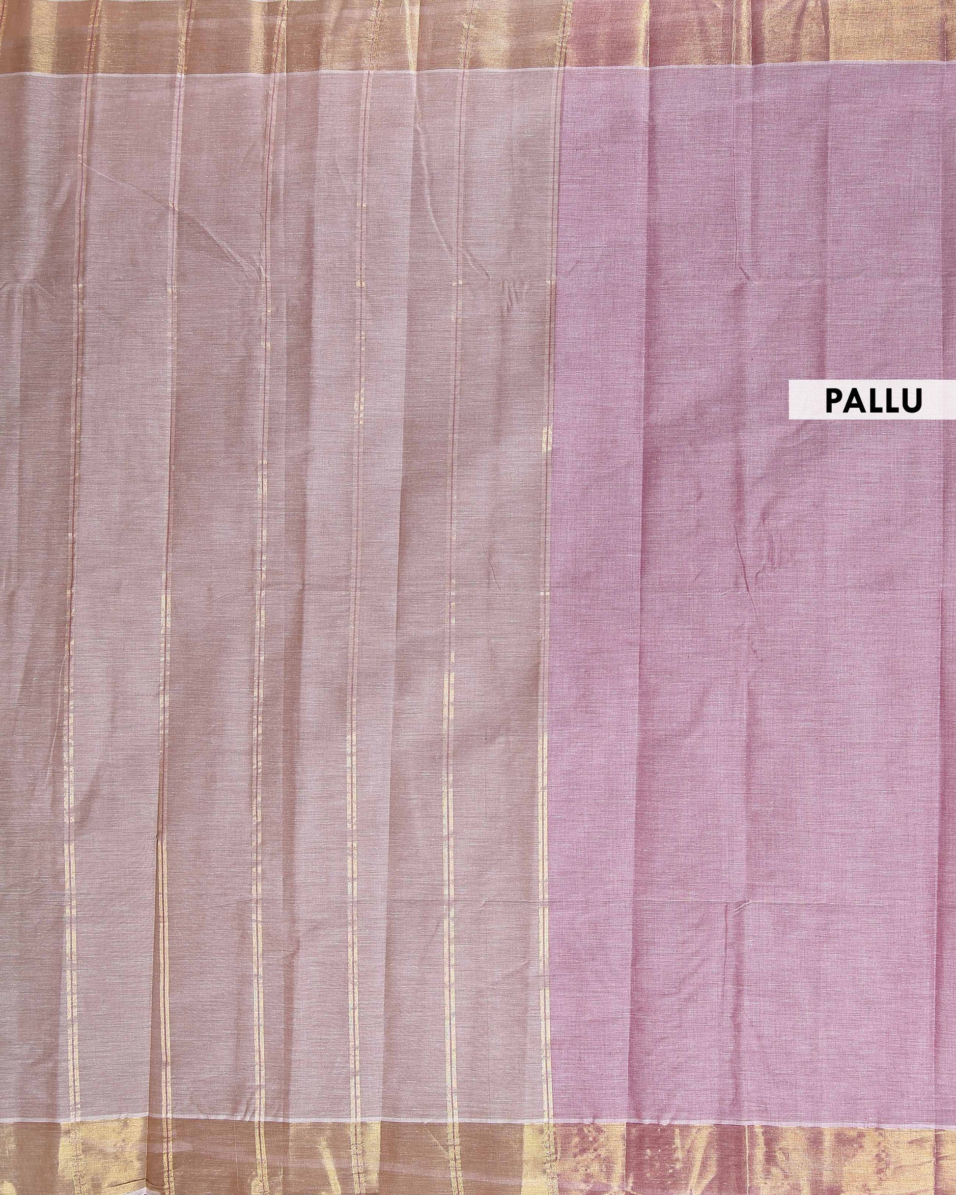 Traditional Handwoven Kovai Cotton Saree with Striped Pattern and Gold Zari Border - Onion Pink