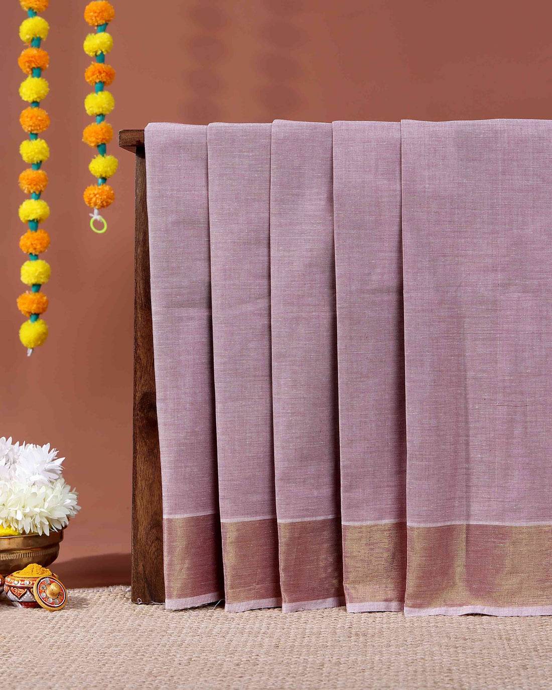 Traditional Handwoven Kovai Cotton Saree with Striped Pattern and Gold Zari Border - Onion Pink