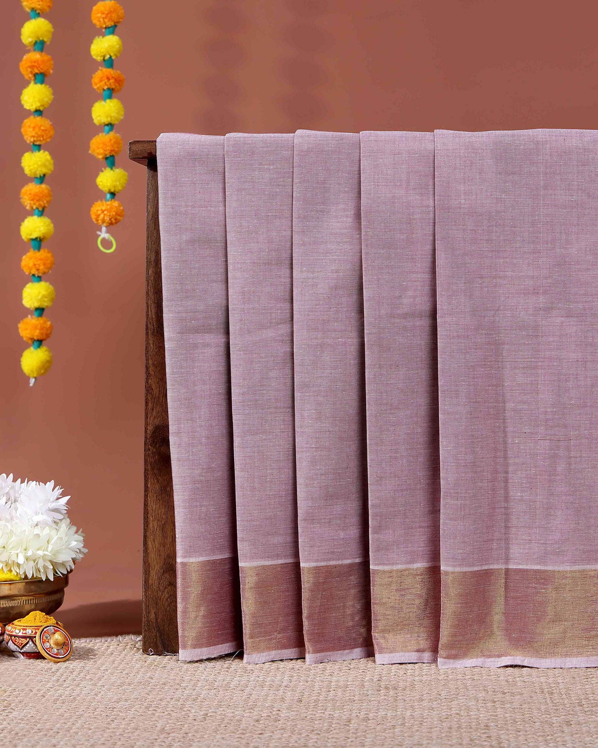 Traditional Handwoven Kovai Cotton Saree with Striped Pattern and Gold Zari Border - Onion Pink