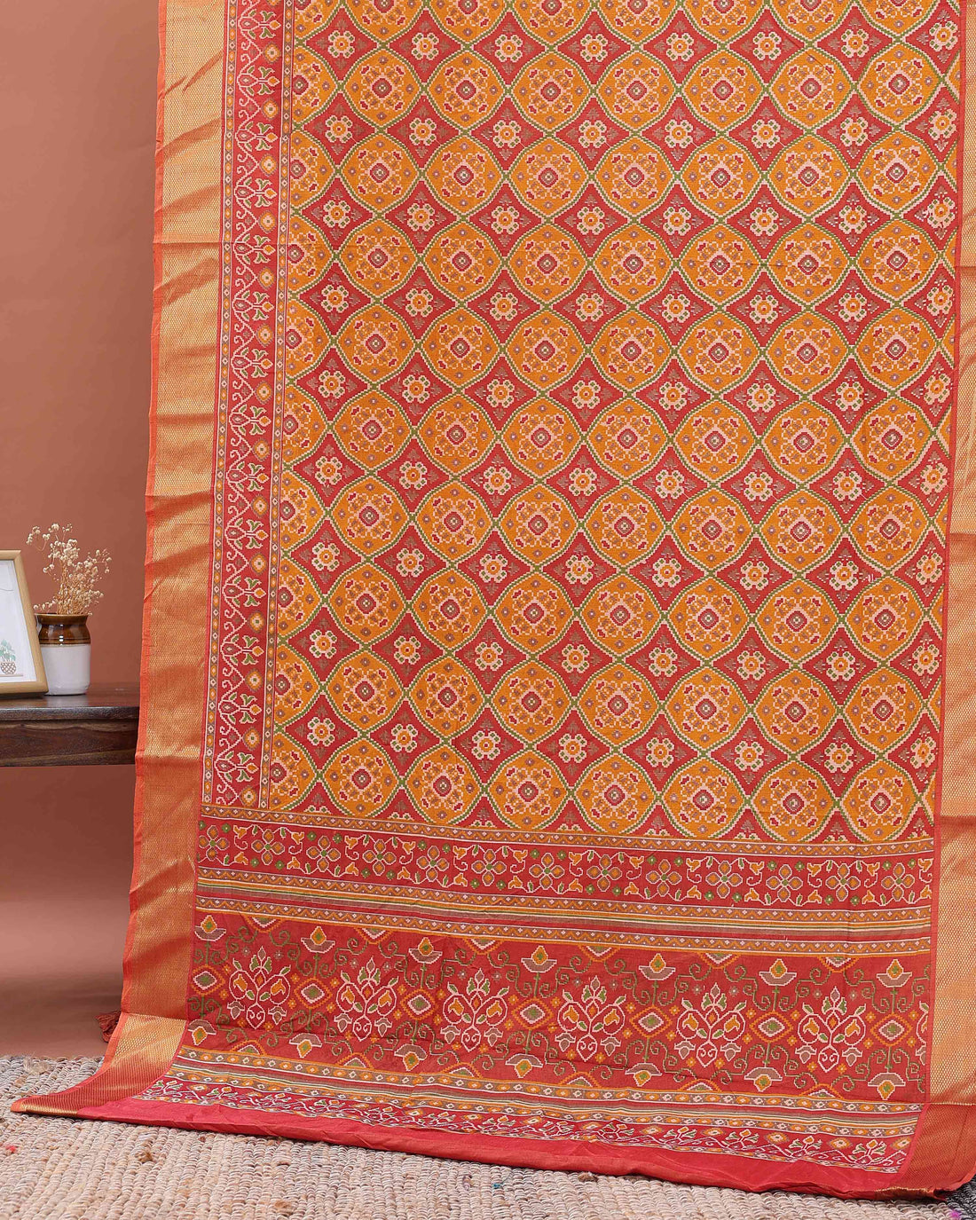 Traditional Handwoven Patola Semi Silk Saree with Intricate Geometric Motifs - Mustard