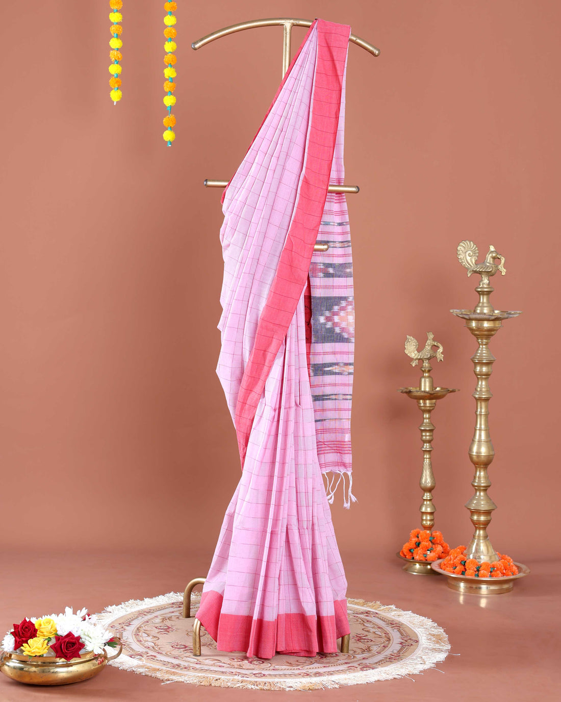 Traditional Ikkat Cotton Saree with Checked Body Design and Intricate Woven Pallu - Pink
