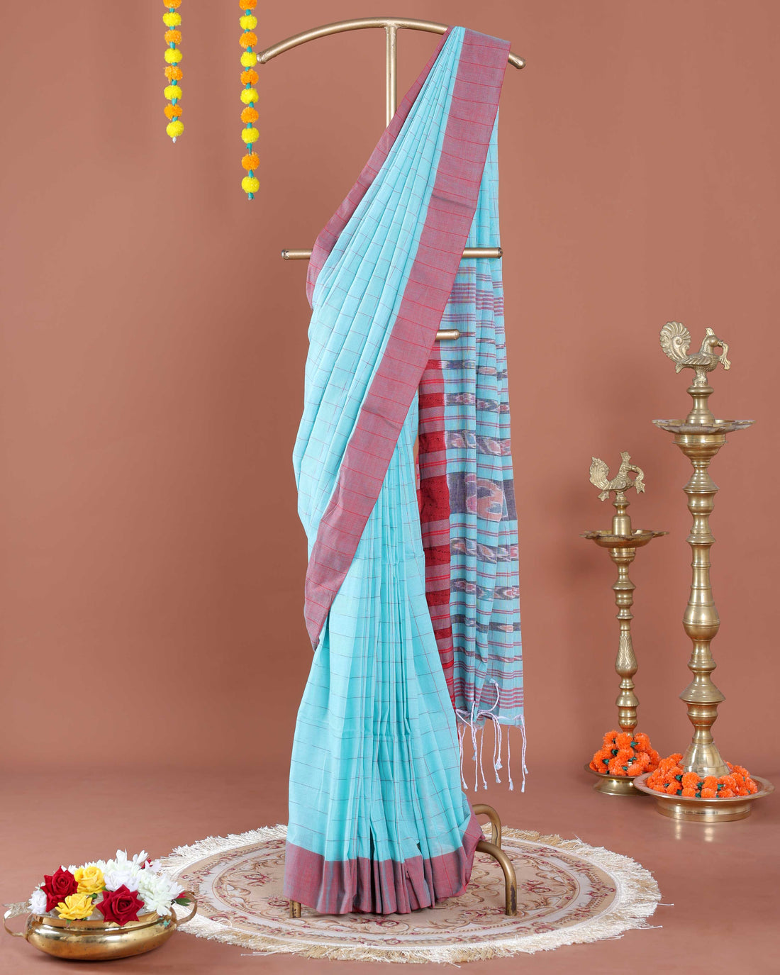 Traditional Ikkat Cotton Saree with Checked Pattern and Contrast Border - Sky Blue