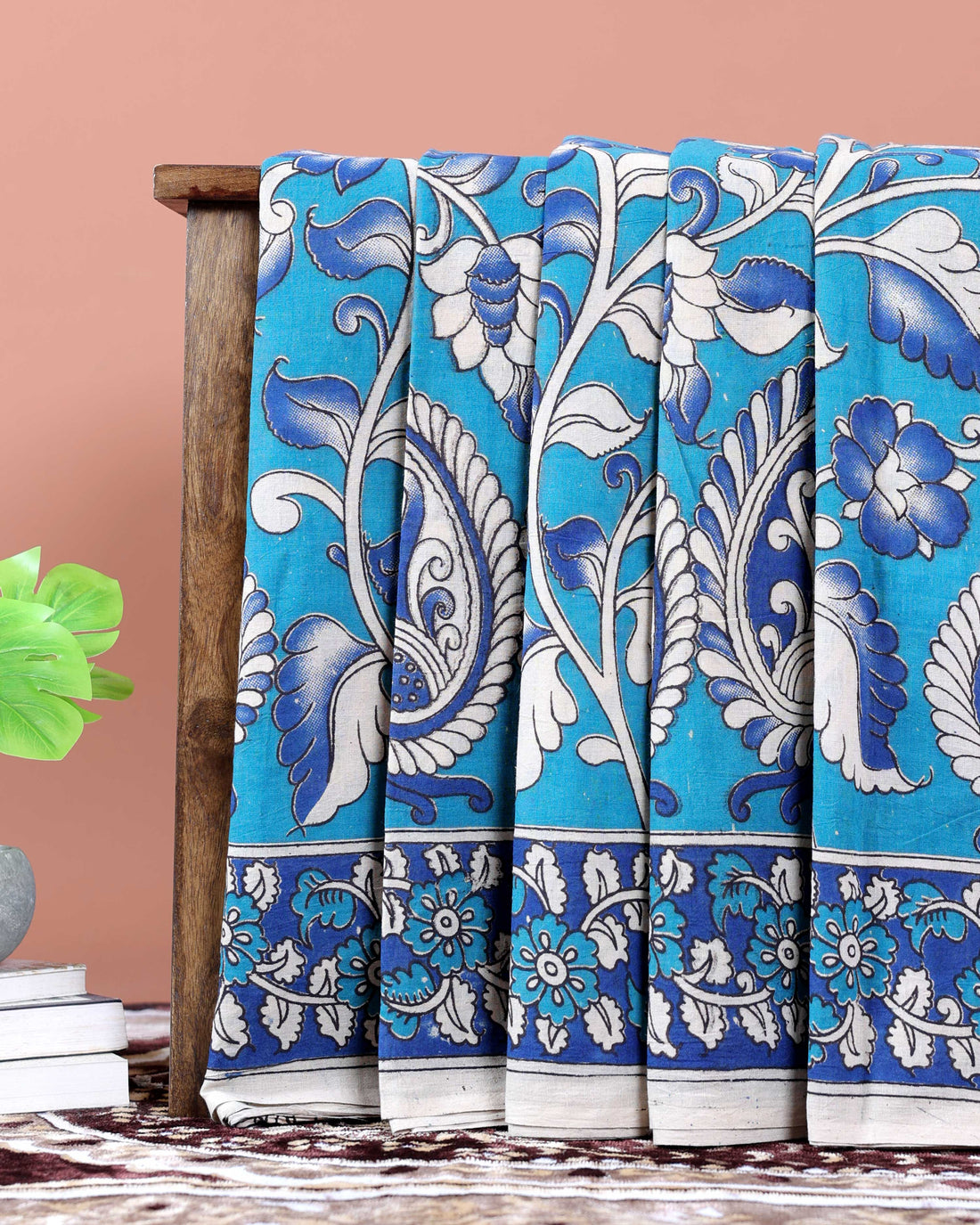 Traditional Kalamkari Cotton Saree with Hand-Painted Floral Motifs - Blue