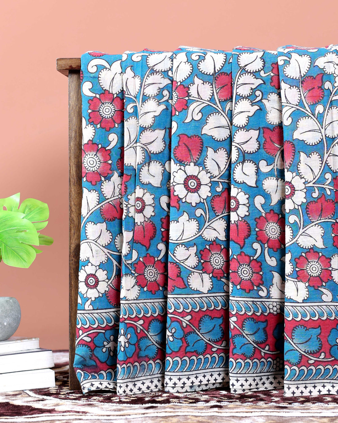 Traditional_Kalamkari_Cotton_Saree_with_Intricate_Floral_Leafy_Motifs_-_Blue