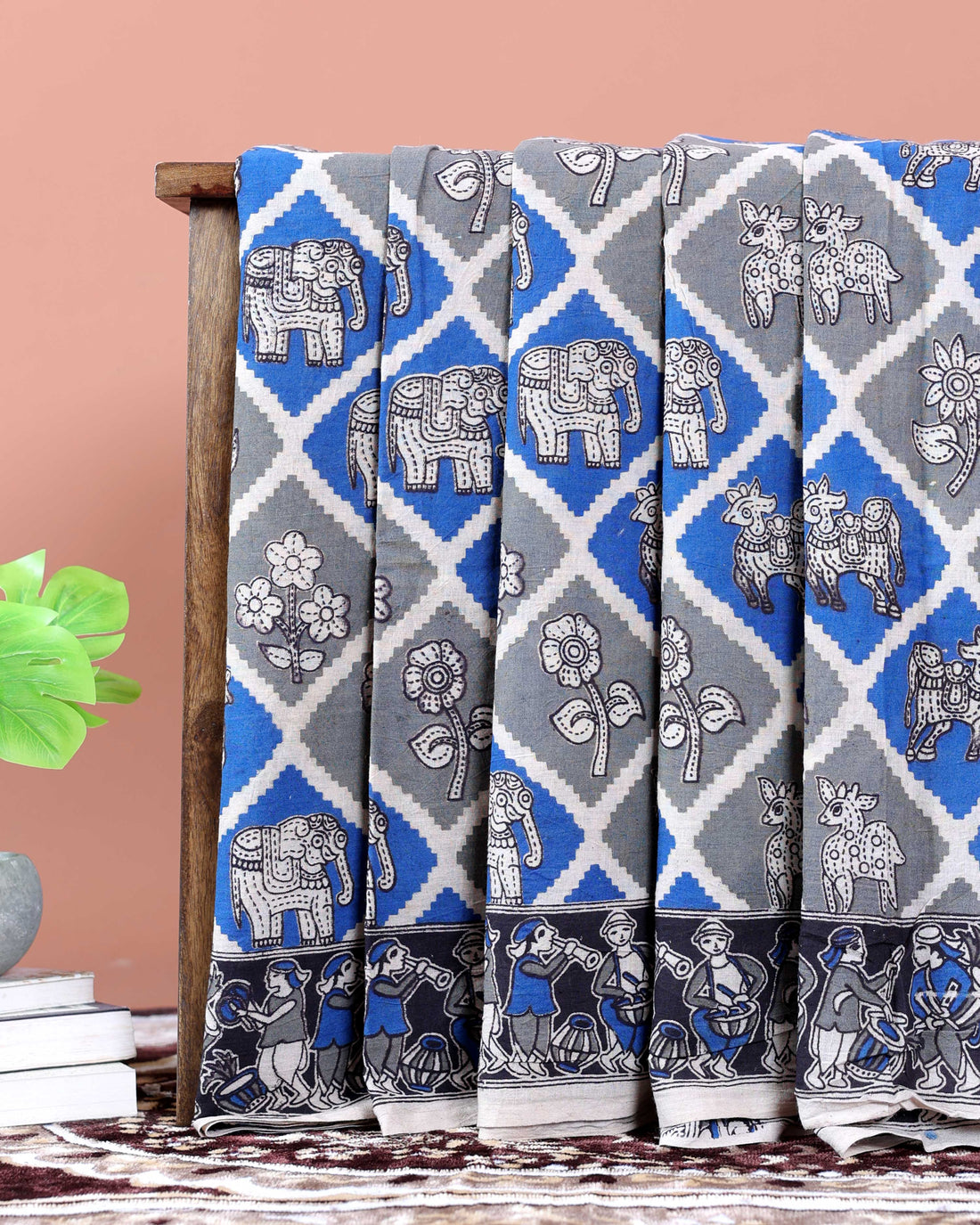 Traditional Kalamkari Cotton Saree with Intricate Floral & Leafy Motifs - Grey