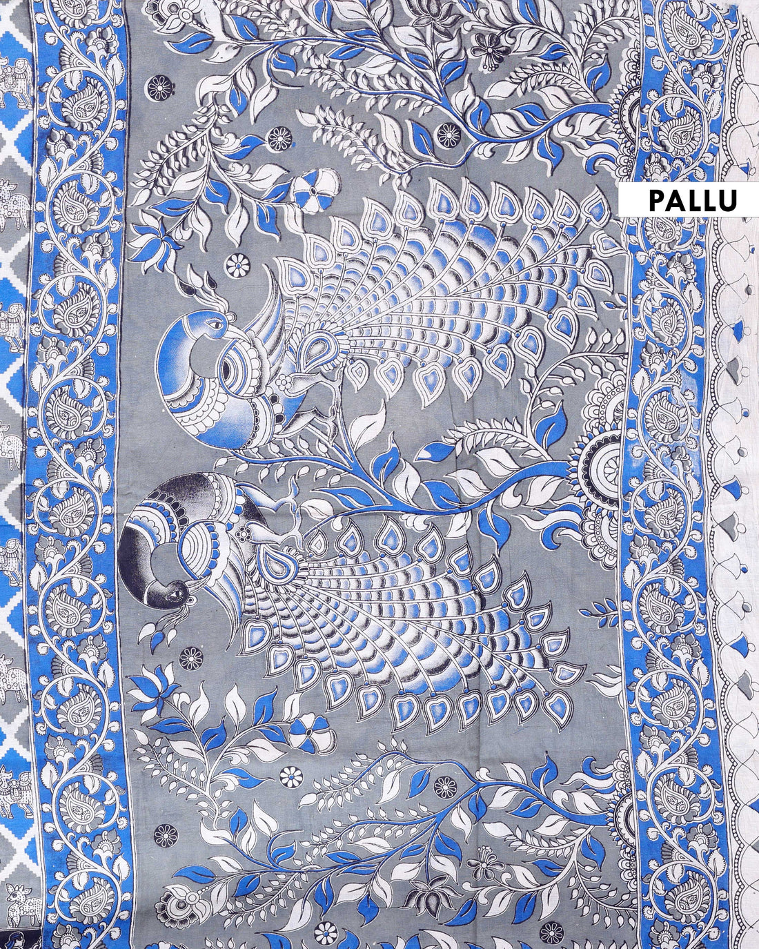 Traditional Kalamkari Cotton Saree with Intricate Floral & Leafy Motifs - Grey