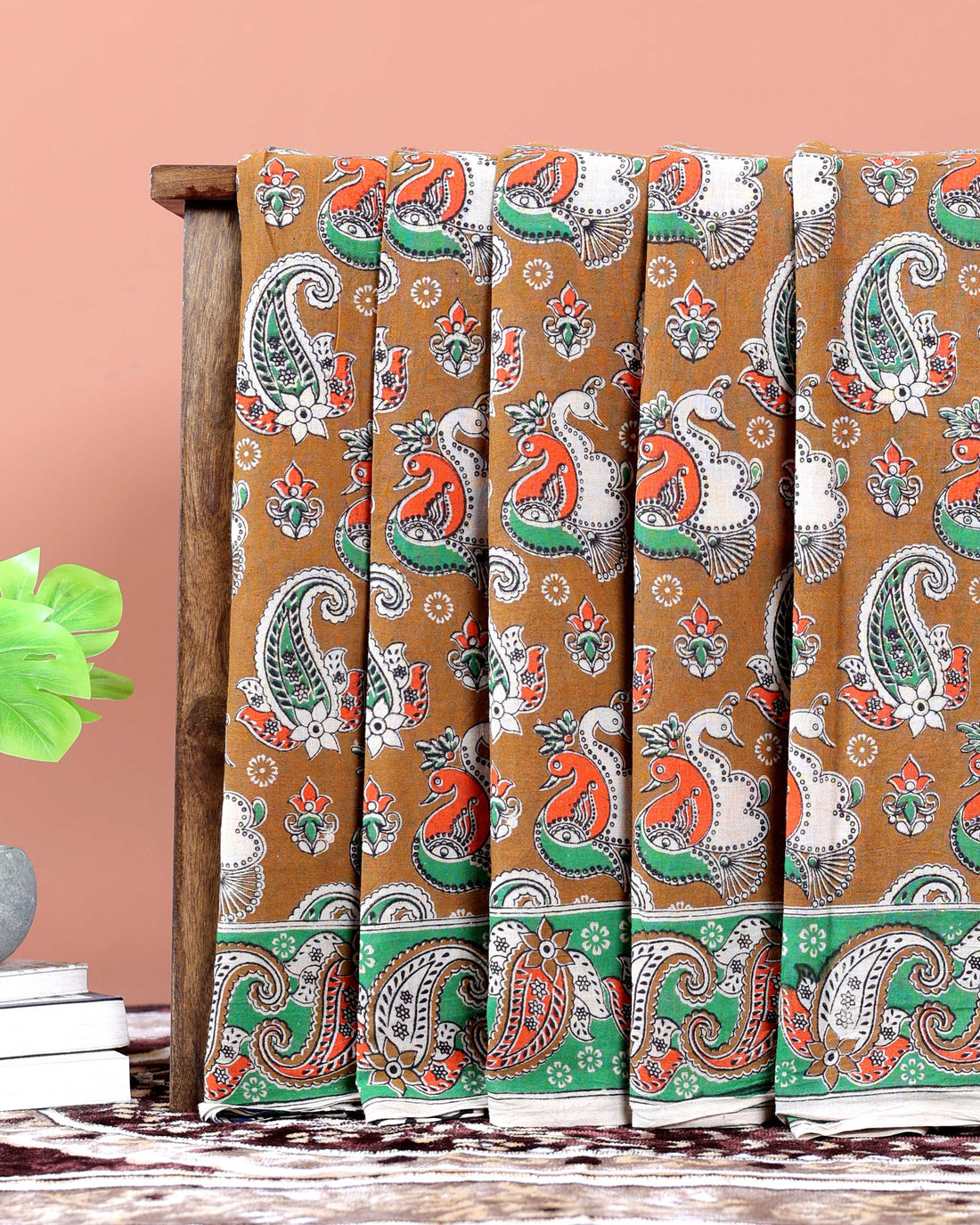 Traditional Kalamkari Cotton Saree with Traditional Paisley and Peacock Motifs - Brown