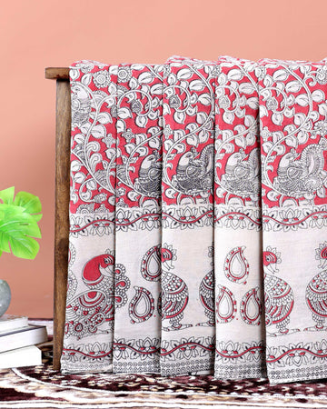 Traditional Kalamkari Hand-Painted Cotton Saree with Traditional Peacock & Floral Motifs - Red