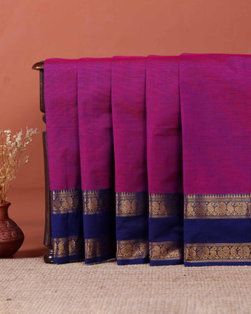 Traditional Kanchi Cotton Saree with Checks and Contrast Temple Border - Purple