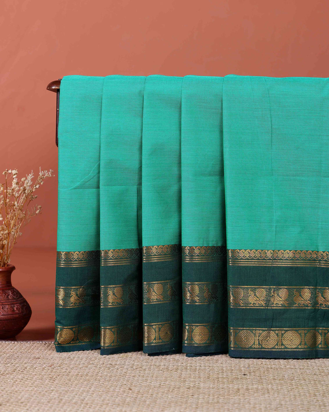 Traditional Kanchi Cotton Saree with Rich Zari Woven Border and Elegant Textured Weave - Green