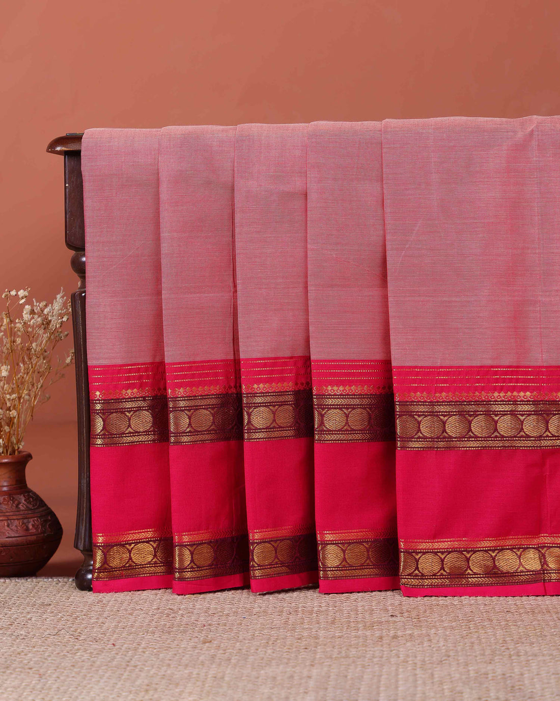 Traditional Kanchi Cotton Saree with Striped Body and Contrast Border - Pink