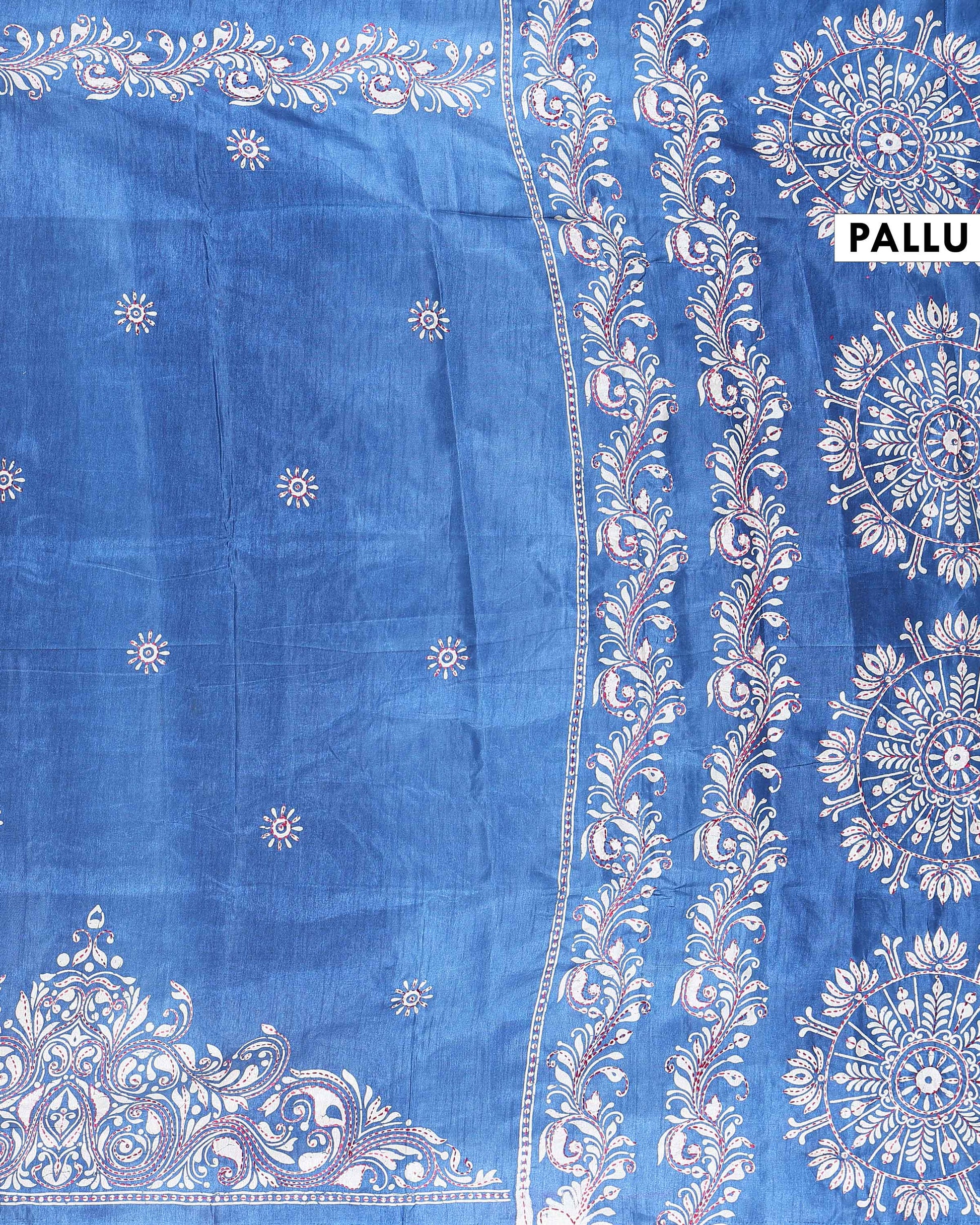 Traditional Kantha Work Saree with Exquisite Hand Embroidery and Ornate Floral Pattern Border - Blue